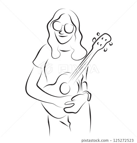 woman with eyeglasses playing acoustic guitar illustration vector hand drawn with black lines isolated on white background. 125272523