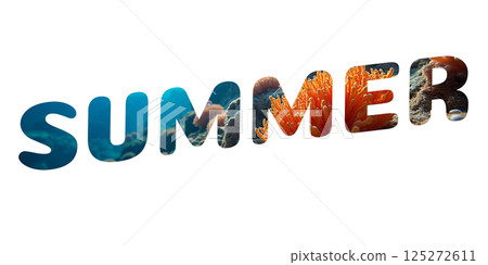 Word summer filled with underwater view of coral reef and sea life. Creative ocean-themed typography design for summer concept on white or transparent background 125272611