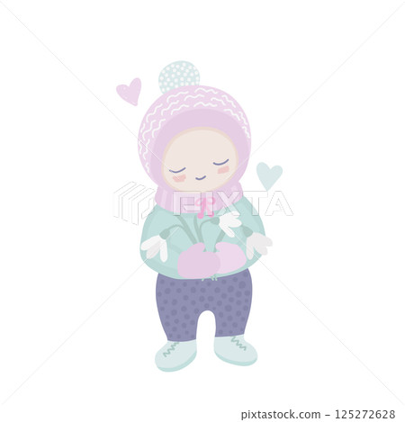 Spring illustration of a cute kid smiling and holding snowdrops Spring illustration of a cute kid smiling and holding snowdrops 125272628