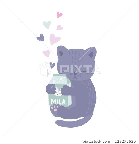Happy cat is hugging a carton of milk in a cute cartoon drawing 125272629
