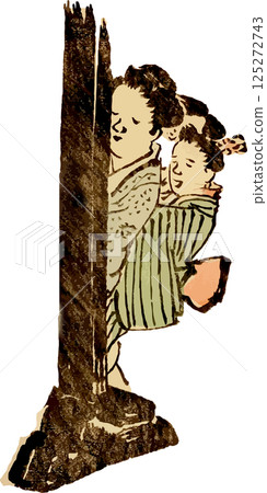 一幅隨意繪製的圖畫，畫中一名女子躲在屏風後面 125272743