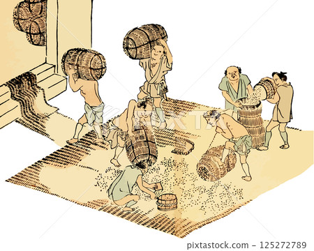 一幅描繪男人們在倉庫裡儲存大米的插圖 125272789