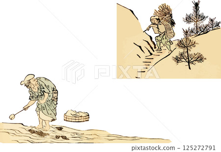A loose drawing of an old woman doing laundry in the river and an old man mowing the grass in the mountains 125272791
