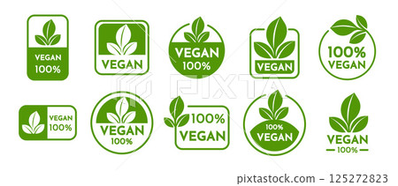 Set of Vegan Labels and Emblems. Healthy Lifestyle Signs, Organic Logos with text 125272823