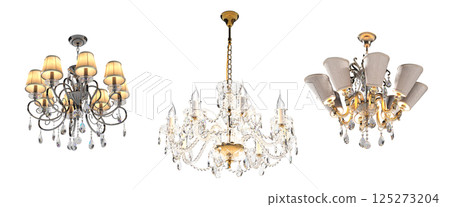 crystal chandelier for the interior isolated on transparent background, home lighting, 3D illustration, cg render crystal chandelier for the interior isolated on transparent background, home lighting, 3D illustration, cg render 125273204