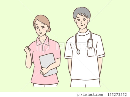 Doctors and nurses (medical personnel) drawn in gentle colors with background Doctors and nurses (medical personnel) drawn in gentle colors with background 125273252