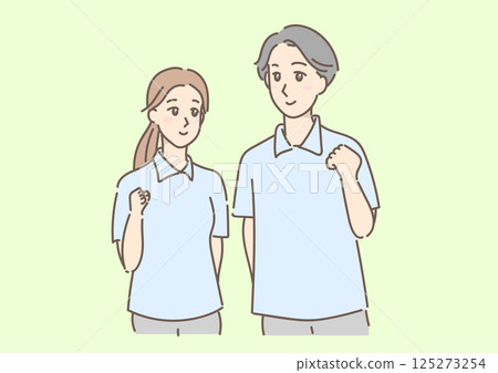 Young men and women in uniforms drawn in gentle colors (with background) Young men and women in uniforms drawn in gentle colors (with background) 125273254