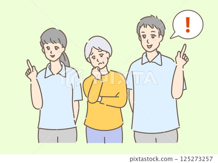 A caregiver explaining something by pointing at it and an elderly woman with a troubled expression, drawn in gentle colors (with background) 125273257
