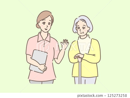Nurses and elderly people drawn in gentle colors (with background) 125273258