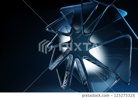 Abstract 3d black background wallpaper with glass transparent triangle plates in shape of circle. Crystal ring with light blue gradient and flare. Digital graphic design tech banner. 3D illustration Abstract 3d black background wallpaper with glass transparent triangle plates in shape of circle. Crystal ring with light blue gradient and flare. Digital graphic design tech banner. 3D illustration 125273328