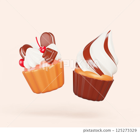 3d cupcake cartoon render set. Fairy cake with chocolate bar pieces, cookie and cherry. Muffin with cream decoration and choco swirl. Isolated bakery sweet dessert, confectionery icon. 3D illustration 3d cupcake cartoon render set. Fairy cake with chocolate bar pieces, cookie and cherry. Muffin with cream decoration and choco swirl. Isolated bakery sweet dessert, confectionery icon. 3D illustration 125273329