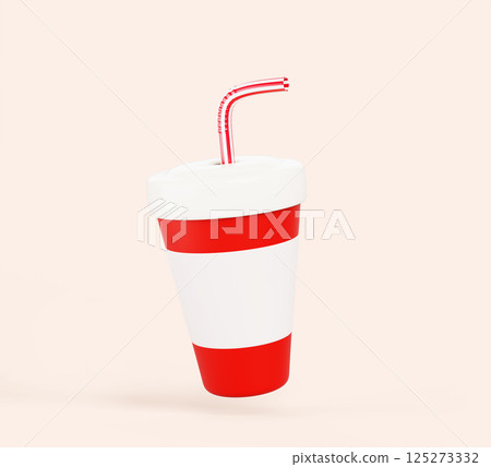 3d red paper takeaway cup mockup with striped straw render. Realistic disposable container package for drink to-go, cola soda, juice or lemonade beverage with white closed plastic lid. 3D illustration 3d red paper takeaway cup mockup with striped straw render. Realistic disposable container package for drink to-go, cola soda, juice or lemonade beverage with white closed plastic lid. 3D illustration 125273332
