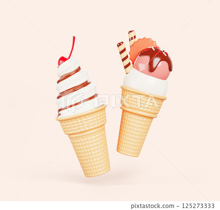 3d ice cream in waffle cups. Vanilla icecream with chocolate swirl and cherry on top. Pink ball sundae with melt choco drips, wafer rolls, cookie, sprinkle. Cartoon summer render set. 3D illustration 125273333