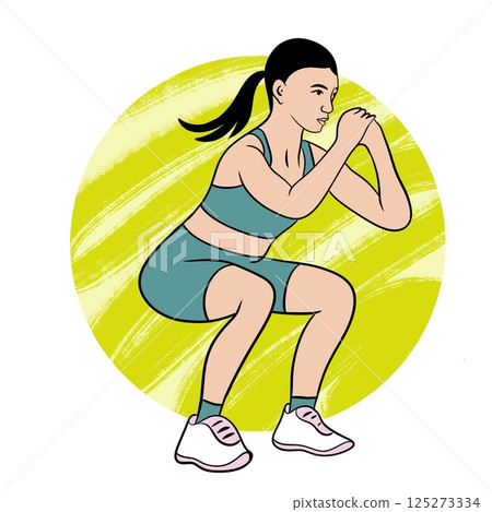 Hand drawn illustration of fitness training woman. Physical exercises gym session working out, modern sport art, confident fit female, weightlifting bodybuilding muscles, young girl athletic. 125273334