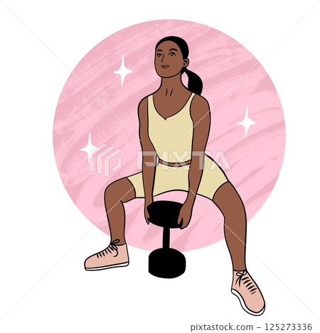 Hand drawn illustration of fitness training woman. Physical exercises gym session working out, modern sport art, confident fit female, weightlifting bodybuilding muscles, young girl athletic. 125273336