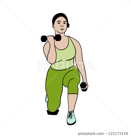Hand drawn illustration of fitness training woman. Physical exercises gym session working out, modern sport art, confident fit female, weightlifting bodybuilding muscles, young girl athletic. 125273339