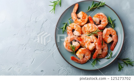 Shrimp bake grill seafood fresh healthy cook on plate copy space 125273702