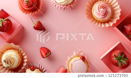 Sweet strawberry cupcake for party or snack tea time isolated pink 125273703