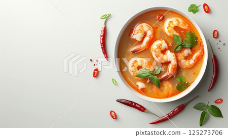 Asian meal tom yum with shrimp spicy soup with chili and coconut milk copy space 125273706