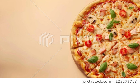 Tuna pizza with basil, tomato, mozzarella, olive copy space background 125273718