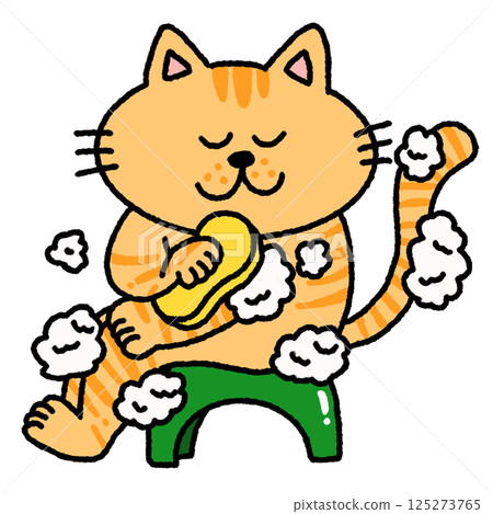 一隻貓洗身體的插圖 125273765