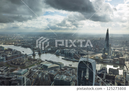 Aerial View of London Skyline Featuring Iconic Shard Tower and River Thames Aerial View of London Skyline Featuring Iconic Shard Tower and River Thames 125273808