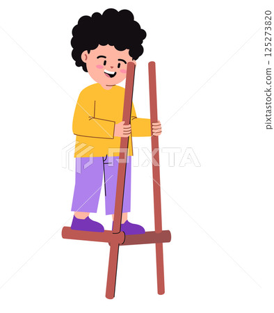 Egrang bamboo wooden balancing game children kids play traditional Indonesia outdoor activities drawing illustration 125273820