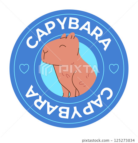 Capybara stamp emblem round capibara cute flat illustration sticker cartoon character 125273834