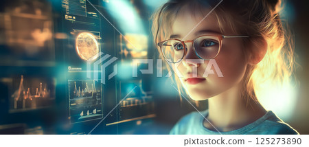 A smart girl deep in thought as she contemplates a challenging scientific problem. The concept of intelligence, curiosity, and critical thinking. Generative AI. A smart girl deep in thought as she contemplates a challenging scientific problem. The concept of intelligence, curiosity, and critical thinking. Generative AI. 125273890