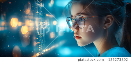 A smart girl deep in thought as she contemplates a challenging scientific problem. The concept of intelligence, curiosity, and critical thinking. Generative AI. A smart girl deep in thought as she contemplates a challenging scientific problem. The concept of intelligence, curiosity, and critical thinking. Generative AI. 125273892