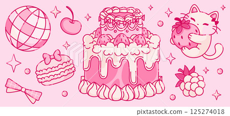 Coquette cake and animal mascot on pink background Coquette cake and animal mascot on pink background 125274018