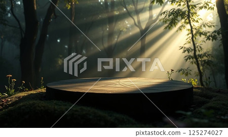 Wooden Podium in Dense Jungle with Sun Rays | Natural Background for Product Display or Advertisement. 125274027