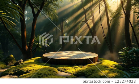 Wooden Podium in Dense Jungle with Sun Rays | Natural Background for Product Display or Advertisement. 125274028