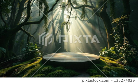 Wooden Podium in Dense Jungle with Sun Rays | Natural Background for Product Display or Advertisement. 125274029