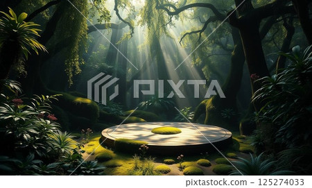 Wooden Podium in Dense Jungle with Sun Rays | Natural Background for Product Display or Advertisement. 125274033