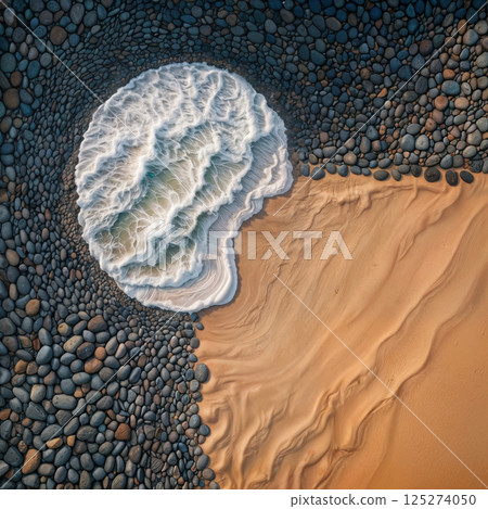 Top view of beach meets pebbles 125274050