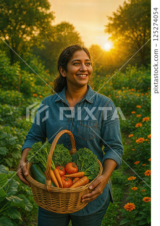 Woman smiling in organic vegetable garden 125274054