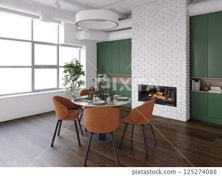 Corner dining space with large windows 125274088