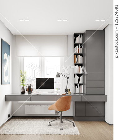 Home office with desk and shelves 125274093