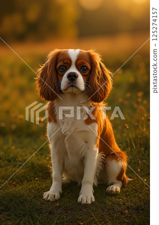 Cavalier King Charles Spaniel sitting in sunset light 125274157