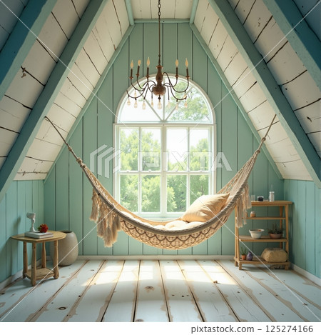 Bright attic room with a hammock Bright attic room with a hammock 125274166