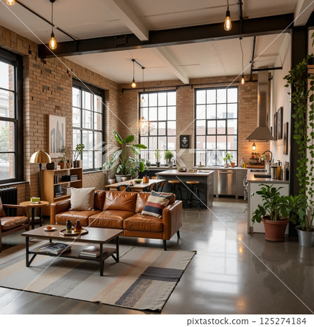 Open-concept loft with brick walls 125274184