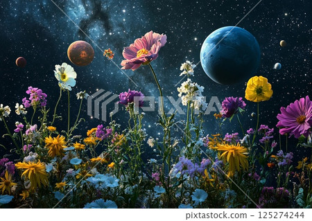 Blooming planet full of vibrant flowers set against a cosmic backdrop 125274244