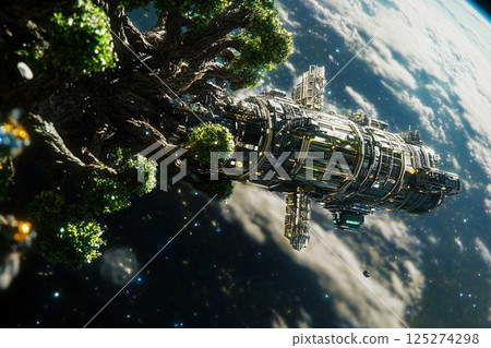 Floating tree city in space showcases futuristic architecture amid the cosmos 125274298