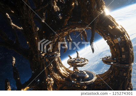 Floating tree city in space showcases futuristic architecture amid the cosmos Floating tree city in space showcases futuristic architecture amid the cosmos 125274301