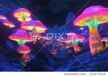 Vibrant glow of neon mushrooms under a starry night sky in a mystical forest landscape 125274324