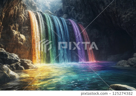 Colorful waterfalls cascade in a serene cave with rainbow hues and tranquil waters 125274382