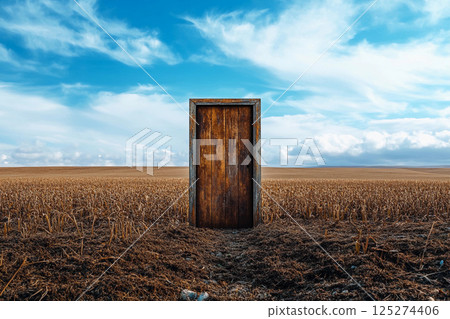 Mysterious door stands alone in a golden field under a dramatic sky 125274406
