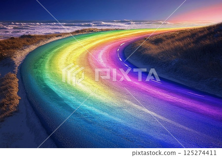 Colorful rainbow road stretches through green hills under a clear blue sky 125274411