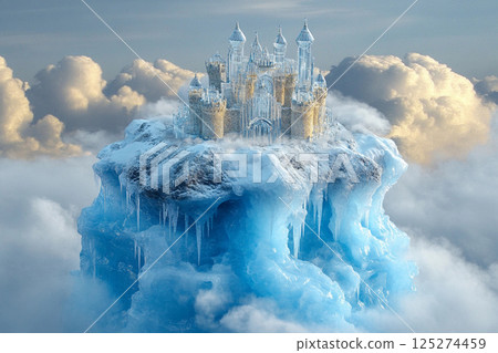 Majestic ice castle rises high above clouds on a snowy mountain peak under a bright blue sky 125274459